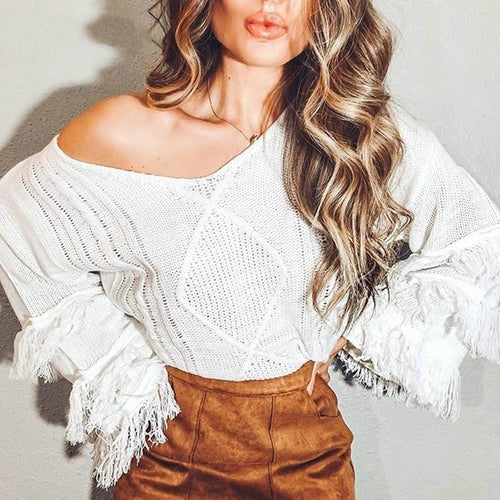 White Knitted Fringe Sweater