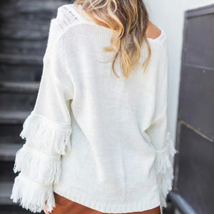 White Knitted Fringe Sweater