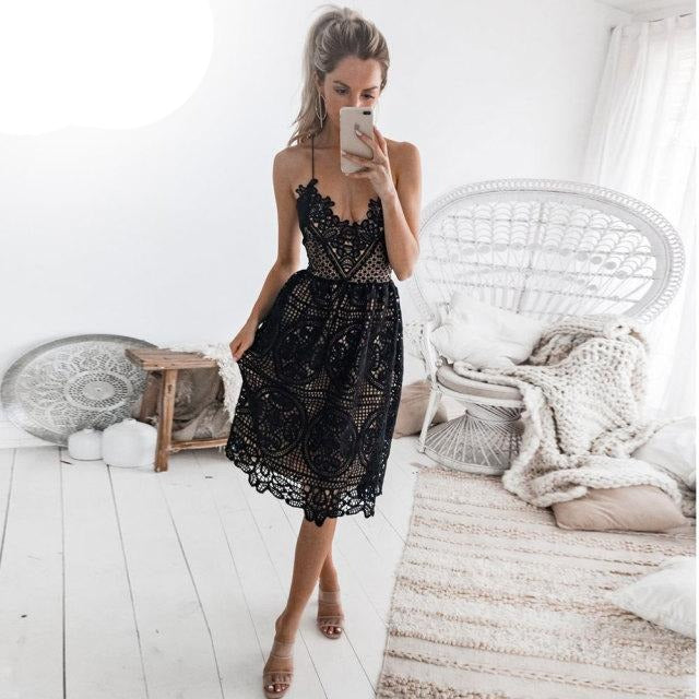 V Neck Backless Lace Dress