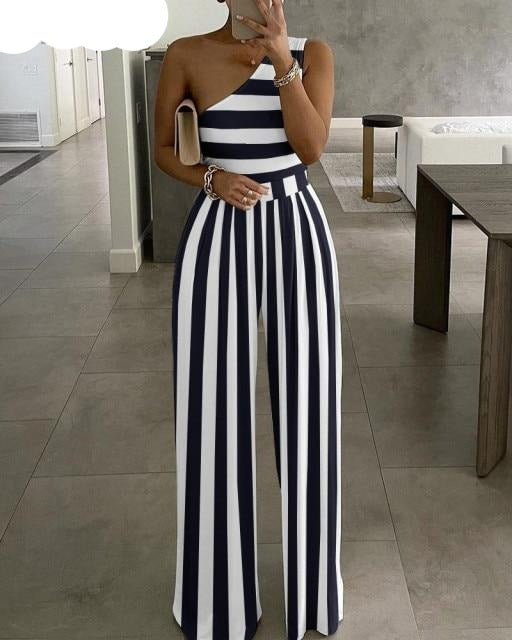 Single shoulder Stripes Jumpsuit