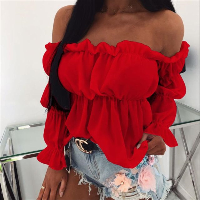 Off Shoulder  Pleated  Chiffon Blouse