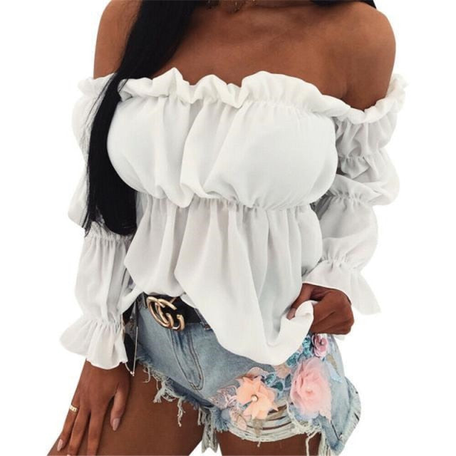 Off Shoulder  Pleated  Chiffon Blouse