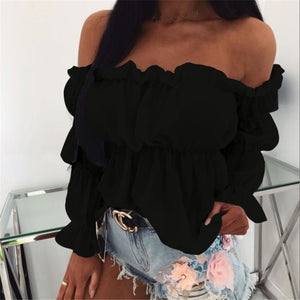 Off Shoulder  Pleated  Chiffon Blouse