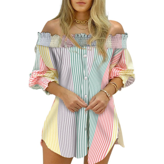 Striped Off Shoulder Button Top